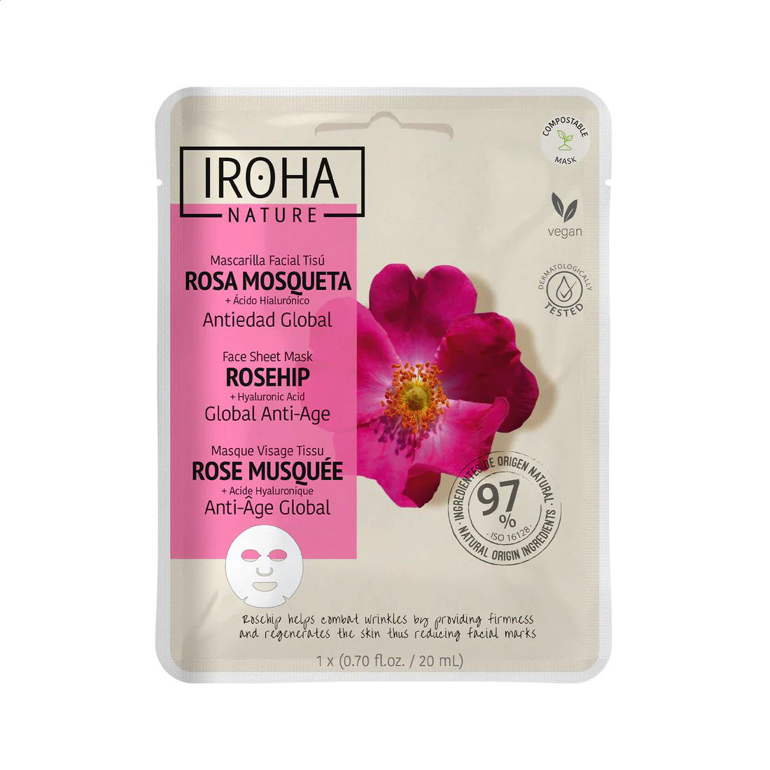 Антивікова тканинна маска для обличчя Iroha Nature Global Anti-Age Sheet Mask With Rosehip, 20 мл